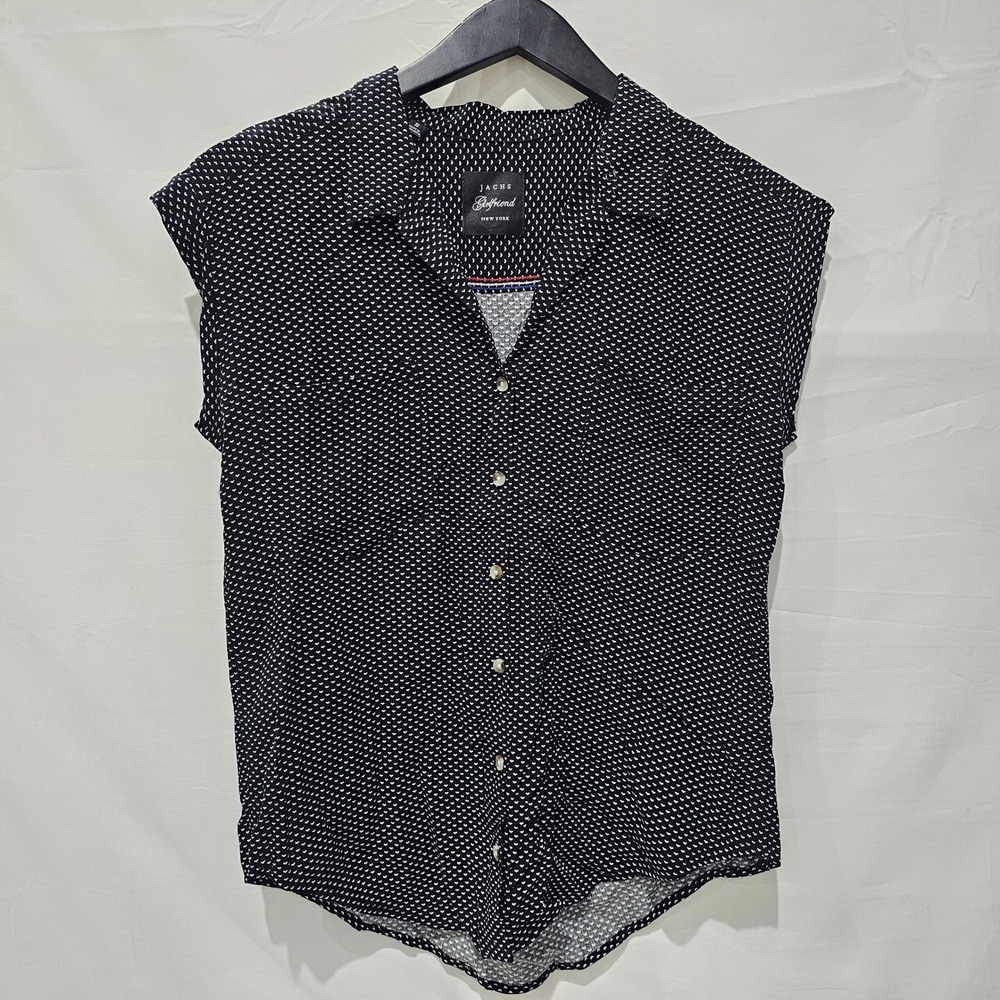 Jachs Girlfriend Womens Small Black White Heart Print Rayon Button Down Blouse